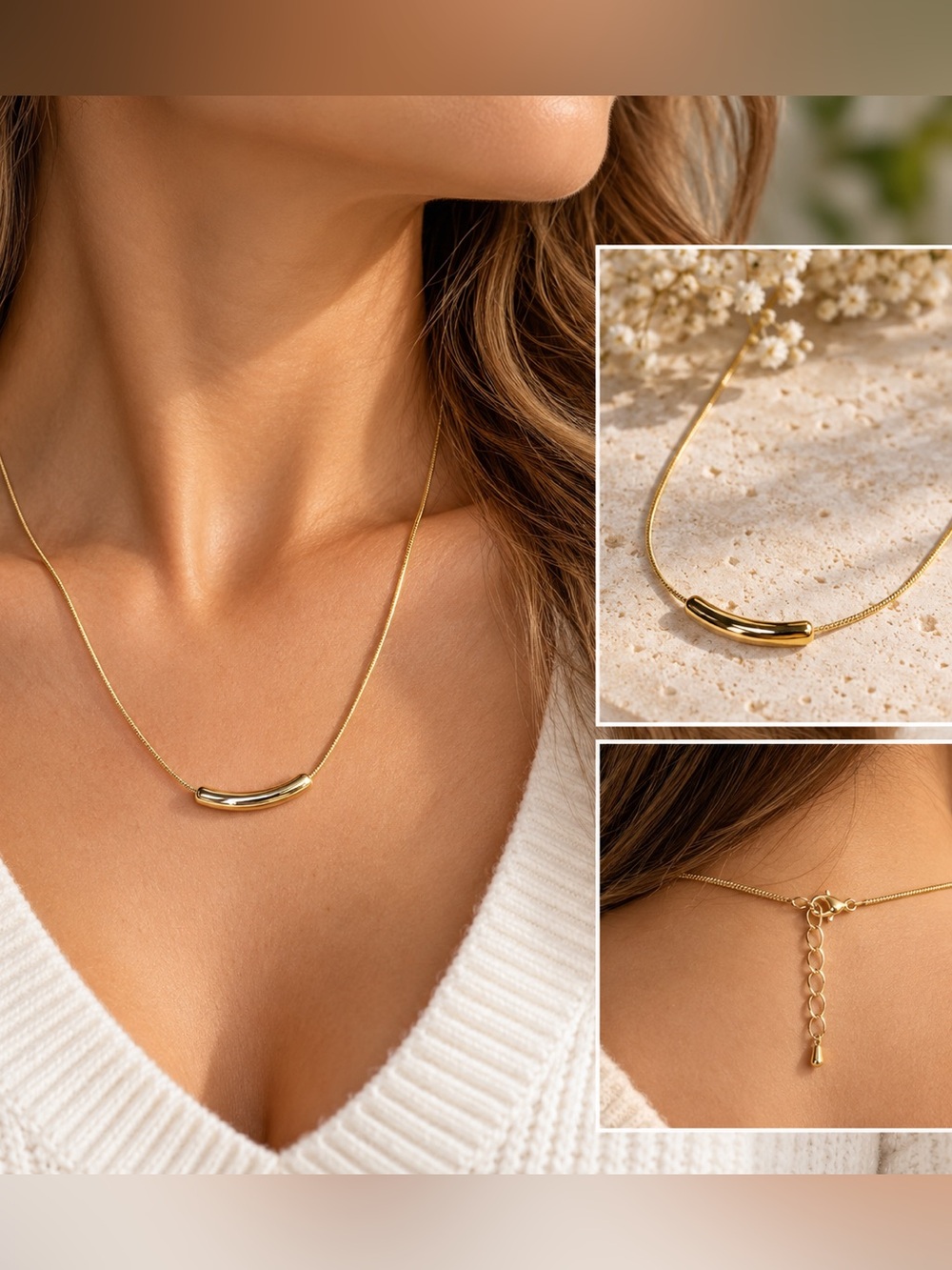Gold Tone Curved Bar Necklace 16” + 2” Extender Minimalist Dainty